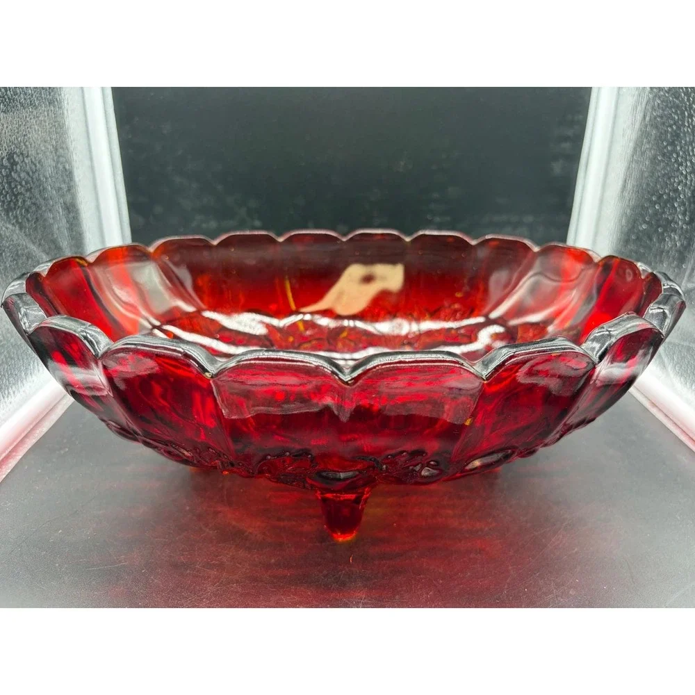 Vintage Ruby Red Amberina Glass Footed Bowl Scalloped Fruit Pattern Centerpiece